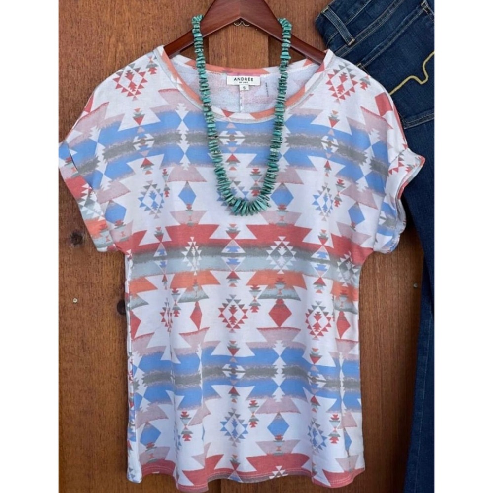 Andree by Unit Aztec Short Sleeve Top Womens Small Multi Southwestern Geometric